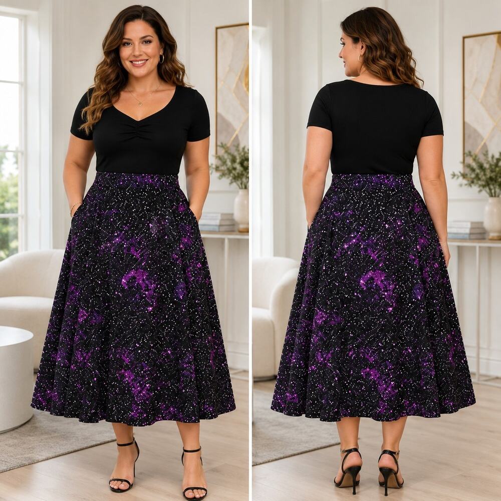 Tulip B Womens Large NWT Black Purple Galaxy Print A Line Midi Skirt Pockets